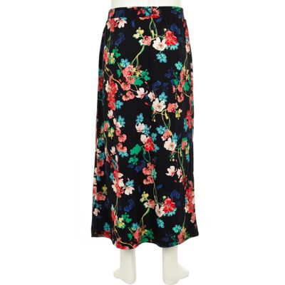 Girls black floral print maxi skirt